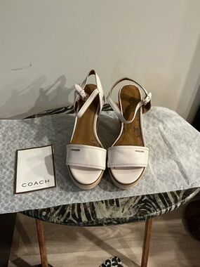 Coach White Leather Ankle-Strap Platform Sandals